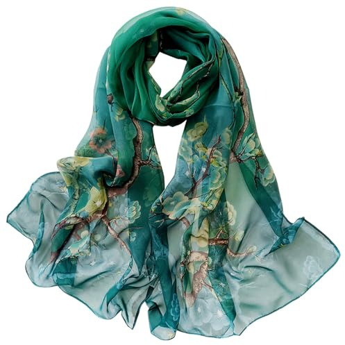 Scarfs for Women Chiffon Scarf Lightweight Plum Blossom Leaf Pattern for Beach Daily Party Banquet (Plum Blossom Green)