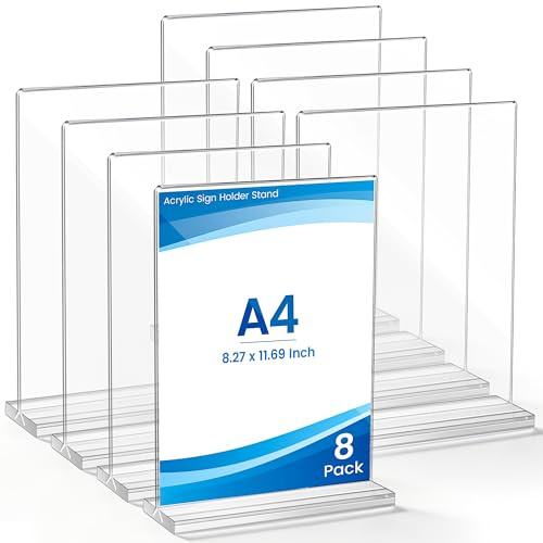 Aneco 8 Stück A4 Tischaufsteller,Acryl Schilderhalter Glasklarer L-Ständer Hochformat Acryl Werbeaufsteller,für Fotos,Cafés,Ausstellungen,Büros,Restaurants