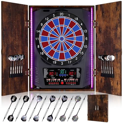 Yirinatek Electronic Dart Board, Electric Dartboard for Adults [12*Bronze Soft Tip Darts] 8-Color LED for 8 Players-Rustic Dart Board Cabinet for Home & Bar - Vintage