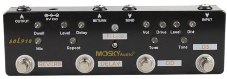 5-in-1 Gitarren-Multieffektpedal mit Distortion Overdrive Delay Reverb Loop, True Bypass, für MOSKY kompatible Modelle, 9V DC Power, Schwarz