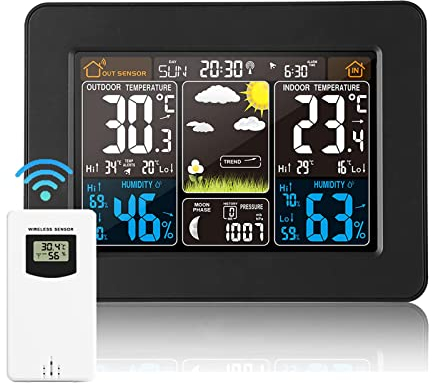 Wetterstation mit Farbdisplay Außensensor, DCF Empfangssignal Funkuhr, Digital Thermometer Hygrometer Innen und Außen Raumthermometer Hydrometer Feuchtigkeit