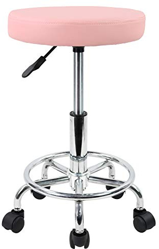 KKTONER PU Leather Round Rolling Stool with Foot Rest Swivel Height Adjustment Spa Drafting Salon Tattoo Work Office Massage Stools Task Chair (Pink)