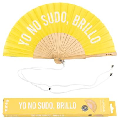 Fisura - Éventail original avec le message Yo no sudo, brillo. Éventail en bois moderne et amusant. Éventail jaune. Mesures : 42,5 x 23. Bois et textile.