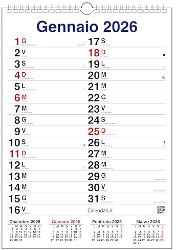 Calendario 2026 da muro mod. XL con più spazio per scrivere. (A3-30x42 CM - CLASSICO) - Calendario con santi e lune.