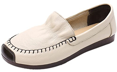 Jamron Mujer Piel Genuina Mocasines Anchos Bailarinas Suela Blanda Ligero Cómodo Zapatos para Caminar sin Cordones Beige EU39.5