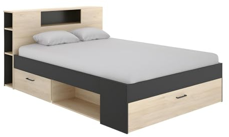 Vente-unique - Lit avec tête de lit rangements et tiroirs - 140 x 190 cm - Coloris : Naturel et Anthracite - Leandre