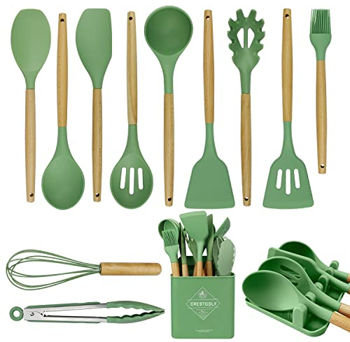 Set di 13 utensili da cucina in silicone resistente al calore, set di spatole da cucina con vassoio, spatola da cucina tornitore resistente al calore con manico in legno (verde avocado)