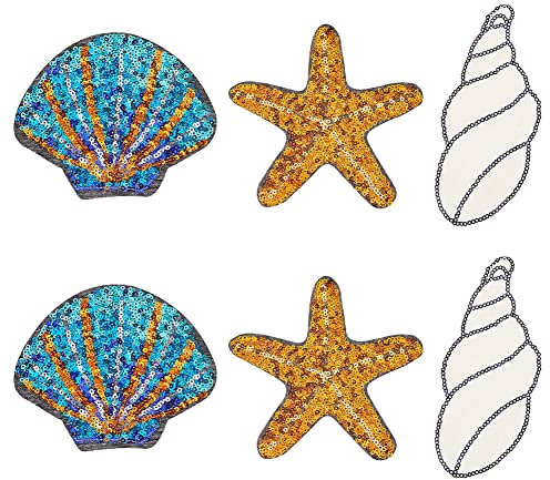 FINGERINSPIRE 6 Stück Seestern Muschel Form Pailletten Applikation Glitzernder Seestern Zum Aufbügeln Muschel Heißkleber Stoffflicken Zum Aufnähen Pailletten Aufnäher Für Kleidung Reparatur