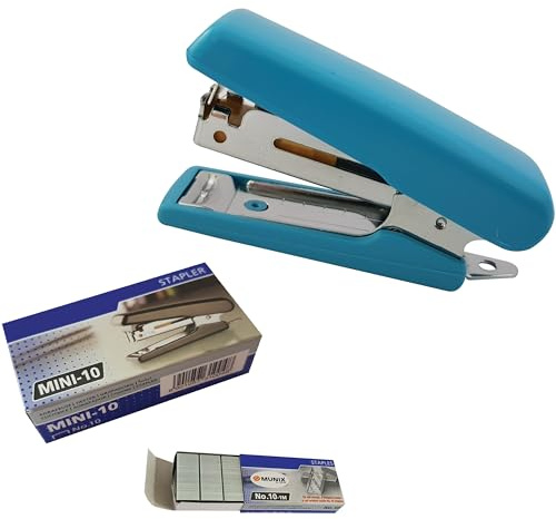 ZMINI10 Mini Stapler with Built-in Staple Remover, Blue Body + 1000 Staples, 10 Sheets Stapling, School Office Home Use, iZOFAX Black Ball Pen