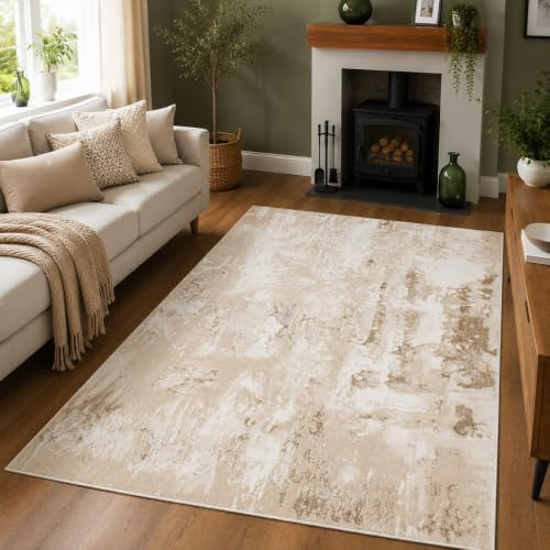 renoazul® Soft Pile Washable Unique Mat, 3 ft 11 in x 5 ft 7 in, 120 x 170 cm, Abstract Beige, Turkish Pattern Area Rugs for Bedroom, Living, Boys and Study Room