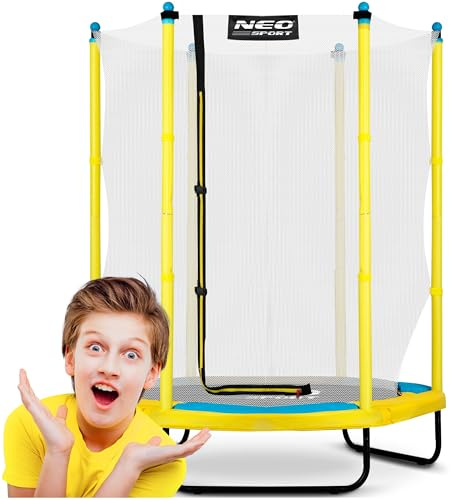 Neo-Sport - Trampolino da giardino per bambini – Ø 140 cm – con alta rete di protezione e chiusura lampo – Basso, piccolo – Attrezzature da gioco per interni ed esterni – Parco giochi, all'aperto,