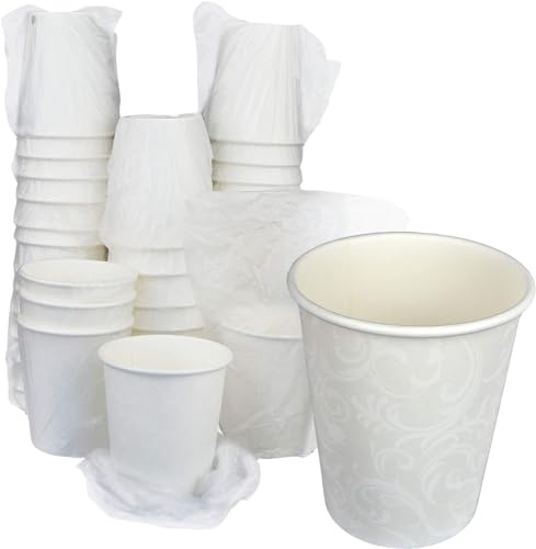 SDG 100 vasos de papel color blanco con motivo Damasco 8 0Z (250 ml) envasados individualmente desechables