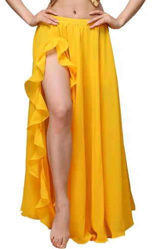 MUNAFIE Gonna lunga da donna con spacco per danza del ventre, in chiffon, per danza del ventre, giallo., Taglia unica
