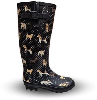Womens Ladies Wellies Rubber Rain Boots Wellingtons Short & Tall Dog Paw Skull Festival Snow Buckle Adjustable (Black Tall Dog Print, UK Footwear Size System, Adult, Women, Numeric, Medium, 5)