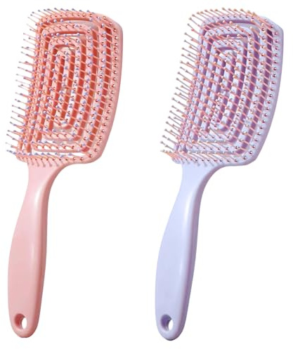 Pack of 2 Detangle Hair Brush, Curved Vent Brush & Hair Detangler, Easy Detangling Vented Hairs Styling Comb Salon for all Hair Types, Styling Hairs Brushs for Women & Men(Pink + Purple)