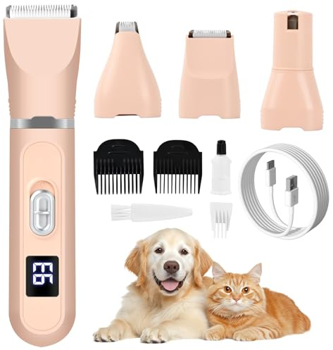 4 en 1 Maquina Cortar Pelo Perros Cortapelos Perros Silencioso Maquinilla para Gatos Lavable Maquina Pelar Perros Inalámbrico Cortapelos Recargable Lima Uñas Perro Recortador Molinillo Garras (Rosa)