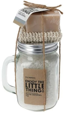Well Home Set de Baño - Vidrio con Cristal de 600g, Paño de Sisal y Jabón Atado con Cuerda de Yute