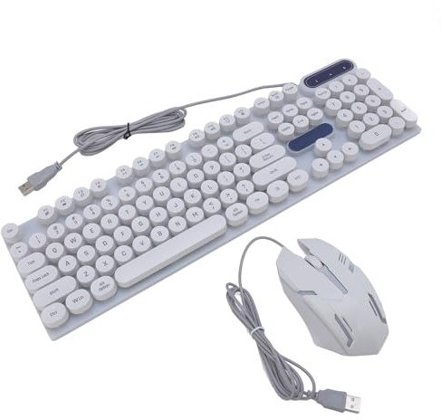 LICAEVEY Combo de Teclado y Mouse de la Máquina de Escribir, Retroiluminado, Capas de Teclas Retro Punk REDONS Retro de 1600 Ppi, Teclados con Cableado con Cableado con Cableado de (White)