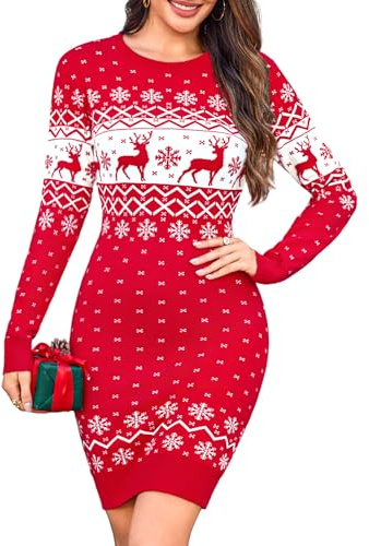 Totatuit Robe Pull de Noël pour Femme Hiver Chic et Sexy Tricotée Confortable Pull Femme Élégant et Doux Idéal pour les Fêtes Rouge，M