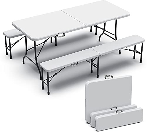 VOUNOT Bierzeltgarnitur Klappbar 3-teilig Set, 1 Biertisch & 2 Bierbänke, Festzeltgarnitur Gartengarnitur Campingset Klapptisch, 180 * 75 * 75cm Weiß