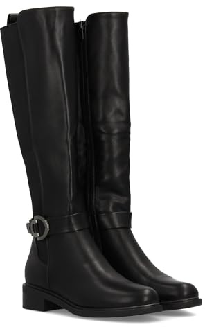 shoes&blues.es 97297 Bota Alta con Cana Lisa para Mujer. Cierre de Cremallera, Suela Plana con Tacon bajo. Hebilla Decorativa. Ideal Otono Invierno. Negro Talla 38