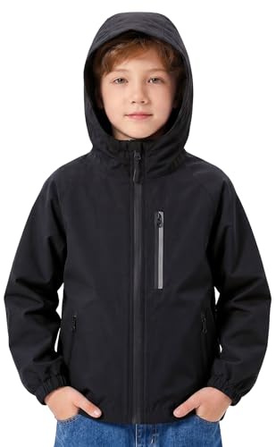FILOWA Waterproof Raincoat Boys Hooded Rain Jacket, 13-14 years, Black