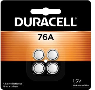 Duracell 76A 1.5V Batteries, 4 Count (Pack of 1), 76A 1.5 Volt Battery, Equivalent to LR44, A76, & AG13, Long-lasting for Watches, Alarms, Calculators & More