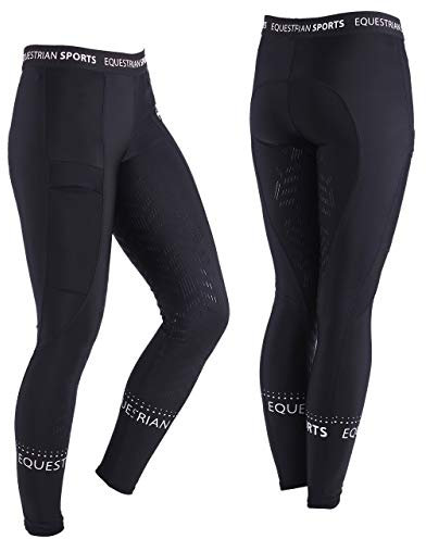 QHP Reithose Reitleggings Pull-on Ylana Full-Grip, Handytasche (42, Schwarz)
