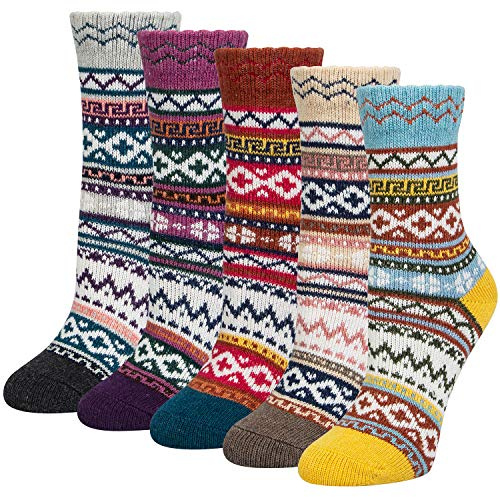 Justay Comf 5pairs Women Socks Merino Wool Winter Thermal Soft Classic Chunky Socks for Ladies Breathable Hiking Socks Gift for Men Women (4-8 Yellow, purple, brown)