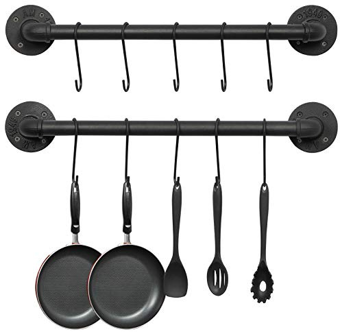 OROPY Wall Mounted Pot Pan Rack 21'' Set of 2, Industrial Utensils Wall Hanger Iron Pipe Kitchen Hanging Rail with 10 S Hooks