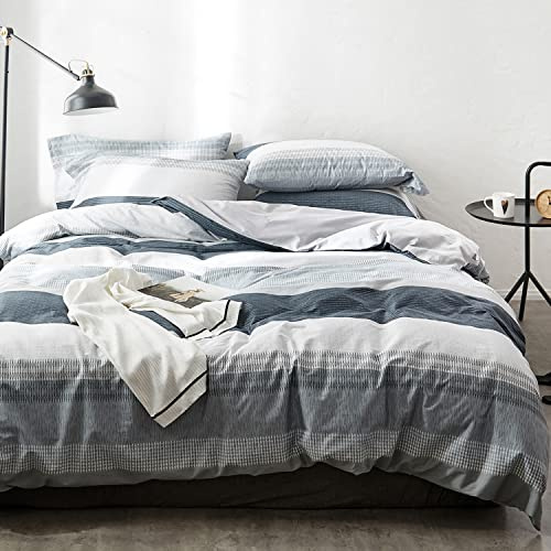 OREISE Duvet Cover Set Twin Size 100% Cotton Gray Blue White Printed Striped Style 3Piece Bedding Set (1 Duvet Cover + 2 Pillowcase)