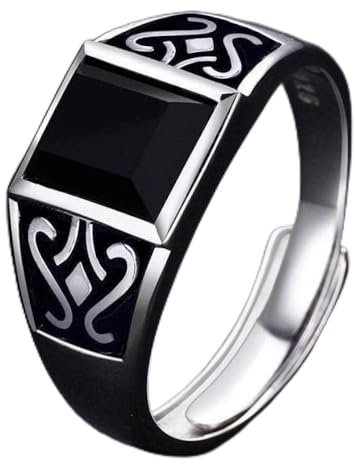ARTQ Anneau De Pierre Incrustation D'Agate Noire Anneau D'Ouverture Réglable En Pierre Naturelle Hommes À La Mode Déclaration Anneaux Cadeau De La Saint-Patrick Pour Papa Frère Mari Et Petit Ami