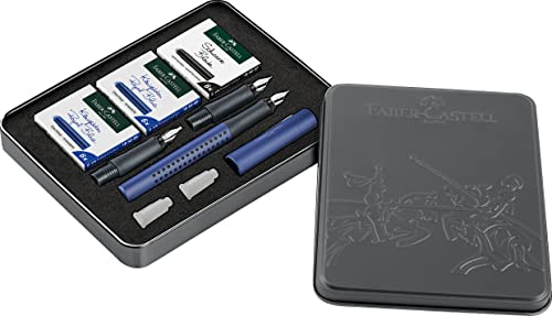 Faber-Castell 201517 - Kalligraphie Set Grip 2001, blau, Federbreiten F, M und Kalligraphie Feder 1,8 mm, inkl. 3 x 6 Tintenpatronen