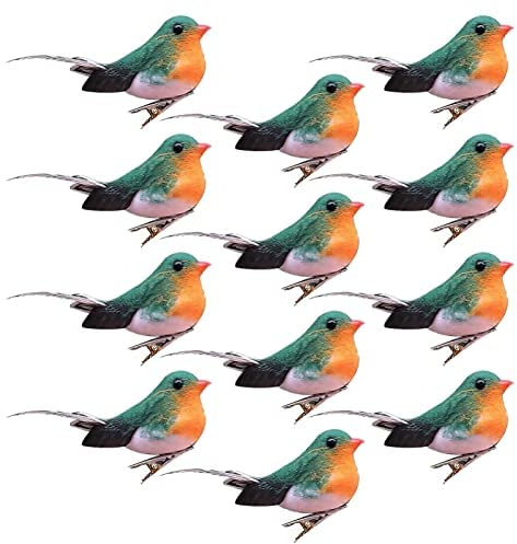 Jasmeko Artificial Robin Bird Clip on Bird - Red Cardinal, Christmas Tree Decor Ornament, Birds Crafts Sets for Tree Home Garden Outdoor Party Decorations (A2-12Pcs-Robin)