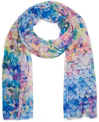 styleBREAKER Damen Schal mit buntem Schuppen Muster, Leichtes großes transparentes Tuch mit kurzen Fransen 01016224, Farbe:Blau-Rosa