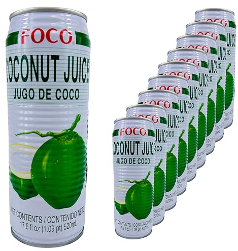 Generisch Foco - 10er Pack Original Kokosnusswasser Natur mit Fruchtfleischstückchen - Kokosnusssaftgetränk Kokosnuss Saft Getränk - Coconut Juice Water in 520 ml Dose