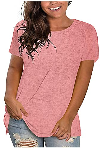 Tallas Grandes Camiseta Manga Corta Mujer, Moda Color Sólido Verano Cuello Redondo Corte Suelto Pullover T-Shirt Multicolor Blusas 2024