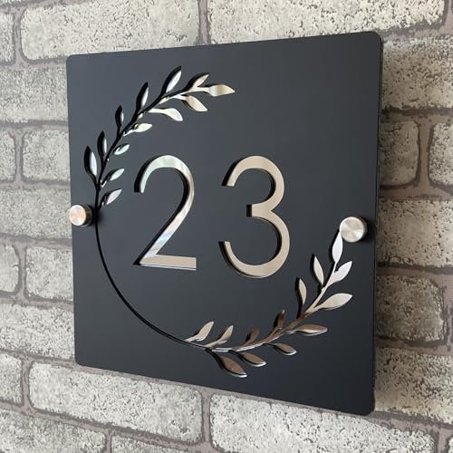 Placa de Número de Casa Personalizada en Acrílico 3D Bicolor (Negro y Plateado) con Números Flotantes y Guirnalda, para Interior y Exterior, Ideal para Hogares, Hoteles, Apartamentos y Tiendas