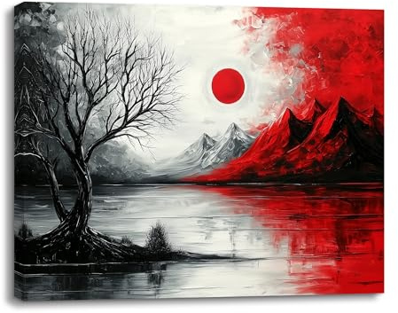 Piy Painting Leinwand Wandbilder, Schwarz und Rot Leinwandbilder, Gemälde, Landschaft Leinwanddruck, Einfach zu hängen Für Badezimmer Eingang Flur Café Wohnungen, Eingebauter Holzrahmen, 30X40 CM