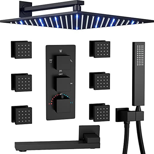 Sistema de ducha termostática con picos de bañera, juego de grifos de ducha negra mate, cabezal de ducha LED de montaje en la pared de 12 con spray de mano y 6 aerosoles de cuerpo, válvula de