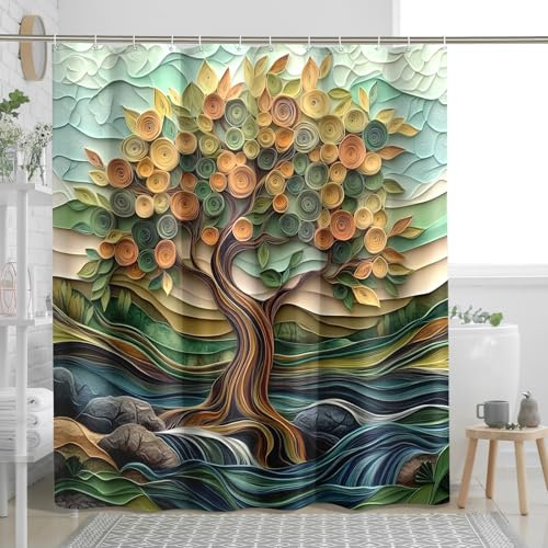 DESIHOM Paper Quilling Tree Shower Curtain Set, Spring Nature Scenic Shower Curtain, 3D Landscape Bathroom Accessories, Fabric Decorative -62 Inch
