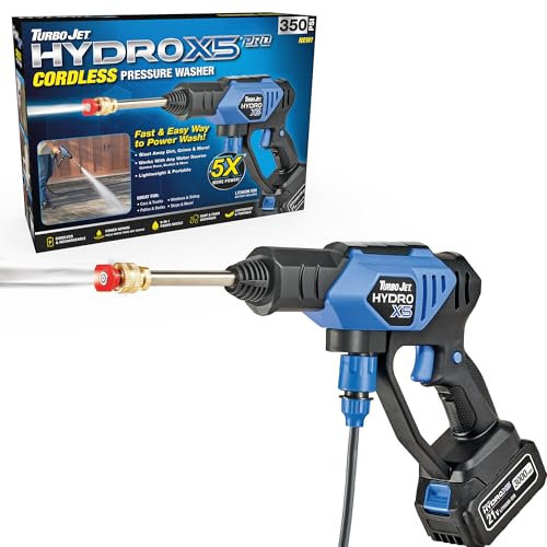 Ontel Turbo Jet HydroX5 Pro Portable Cordless Pressure Washer (21V 3000mAh Battery), 6-in-1 Nozzle, Dual Water Source, 16ft Detachable Hose