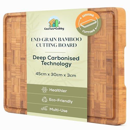 Cactus & Cubby Premium Bamboo Chopping Board. Deluxe Deep Carbonised End Grain Wooden Chopping Board. Large Butchers Block (45 x 30 x 3 cm). Juice Grooves. Side Handles. Strong Design Built to Last.