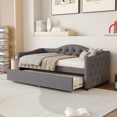 NovaFurnish Lettino da giorno 90 x 200 cm con letto estraibile, divano letto, letto singolo (senza materasso), lino, stile minimalista, grigio