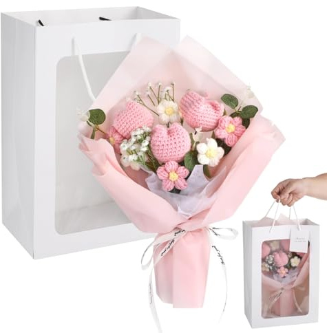 Homaisson Crochet Flower Bouquet, Handmade Knitted Tulip Bouquet with Carry Bag, Pink Artificial Yarn Flower, Elegant Decoration with Ribbon, Ideal for Weddings, Anniversaries, Events