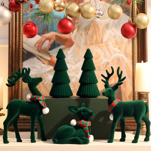 Lanpn 5 Pzas Decoración Navideña de Ciervos & Árbol, Figuras de Renos Arbol de Flocado, Adorno Navidad Estatua Alce Nordicos para Centro de Mesa Hogar Chimenea Ventana Escritorio Vacaciones, Verde