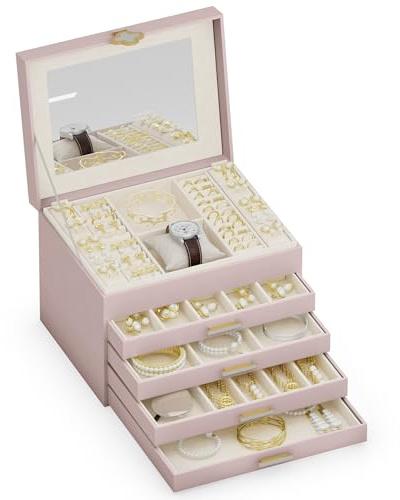 ADEL DREAM Joyero de 5 niveles con botón de trébol, almacenamiento de joyas con bandeja extraíble, organizador de joyas con espejo grande, compartimentos ajustables para manualidades, para madres y