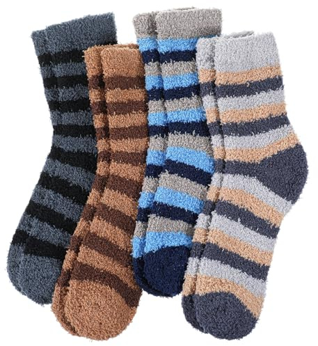 Quilax Randiga luddiga strumpor för män, vintervarma fluffiga strumpor, 4 par mikrofiber mjuka mysiga plysch toffelstrumpor varm hem sovstrumpa vinter plysch strumpor för män -storlek 4-8
