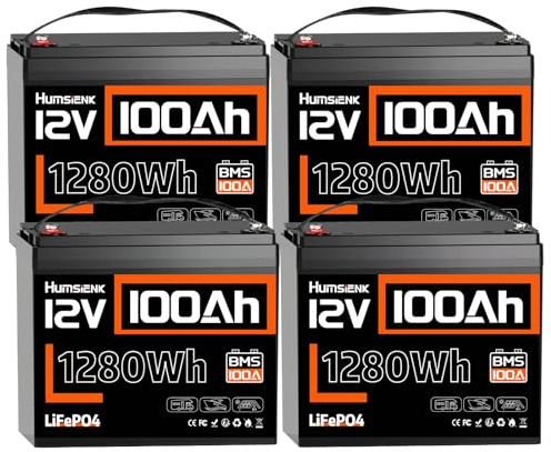HumsiENK Lot de 4 Batteries Lithium LiFePO4 12V 100Ah, 1280Wh avec BMS Intelligent 100A, 15000 Cycles, 10 Ans, Compactes et Légères, pour Camping-Car, Stockage Solaire, Marine, Hors Réseau