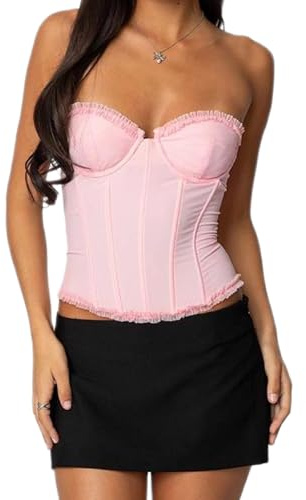 Betrodi Womens Strapless Corset Tops Y2k Boned Mesh Lace Up Bustier Top Solid Sexy Going Out Overbust Corset Top Party Clubwear (Pink, S)